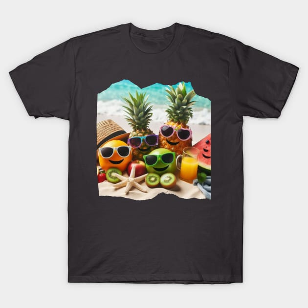 A collection of fruits sunbathing on the beach wearing sunglasses and hats T-Shirt by maricetak